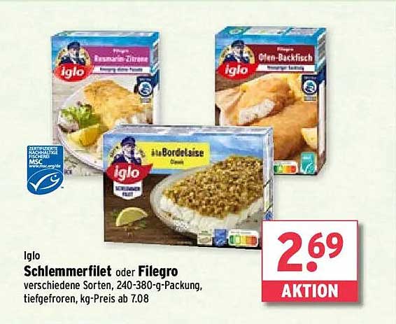 Iglo Schlemmerfilet oder Filegro - verschiedene Sorten, 240-380-g-Packung, tiefgefroren