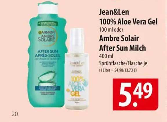 Jean&Len 100% Aloe Vera Gel 100 ml oder Ambre Solair After Sun Milch 400 ml