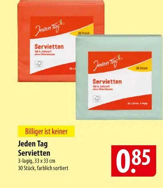 Jeden Tag Servietten 3-lagig, 33 x 33 cm, 30 Stück, farblich sortiert