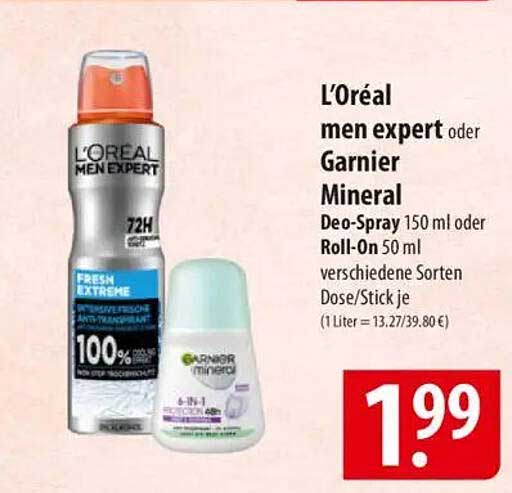 L’Oréal Men Expert oder Garnier Mineral Deo-Spray 150 ml oder Roll-On 50 ml verschiedene Sorten je