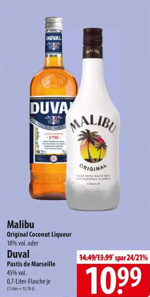 Malibu Original Coconut Liqueur 18% vol. oder Duval Pastis de Marseille 45% vol.