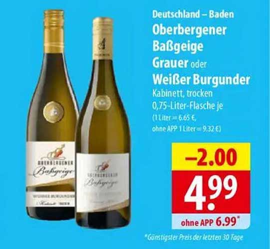 Oberbergener Baßgeige Grauer oder Weißer Burgunder Kabinett, trocken - 0,75-Liter-Flasche