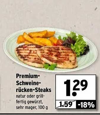Premium-Schweinerücken-Steaks, natur oder grillfertig gewürzt, sehr mager, 100 g