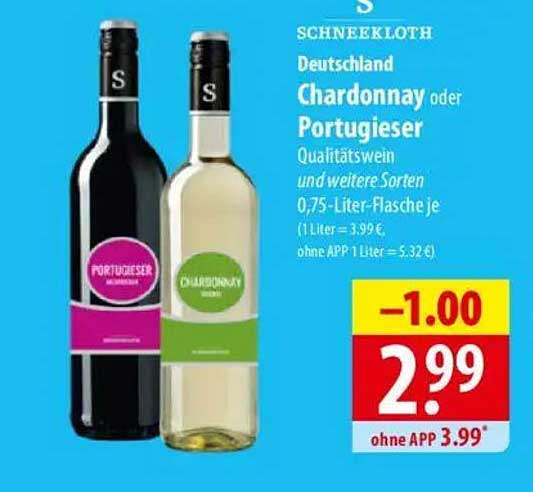 Schneeklouth Deutschland Chardonnay oder Portugieser Qualitätswein 0,75-Liter-Flasche je