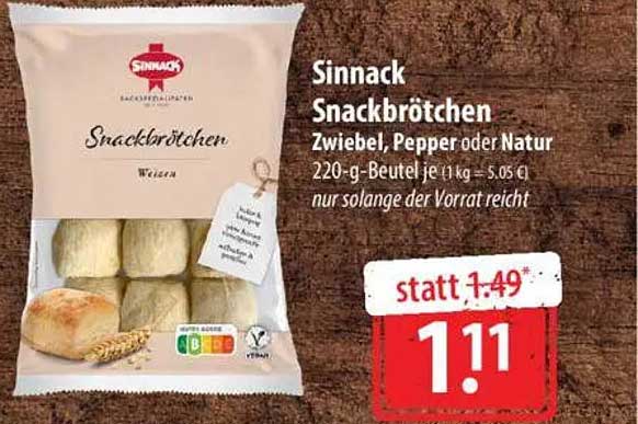 Sinnack Snackbrötchen Zwiebel, Pepper oder Natur 220-g-Beutel