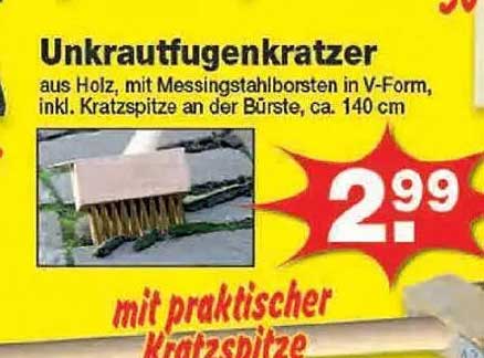 Unkrautfugenkratzer aus Holz mit Messingstahlborsten in V-Form, inkl. Kratzspitze an der Bürste, ca. 140 cm