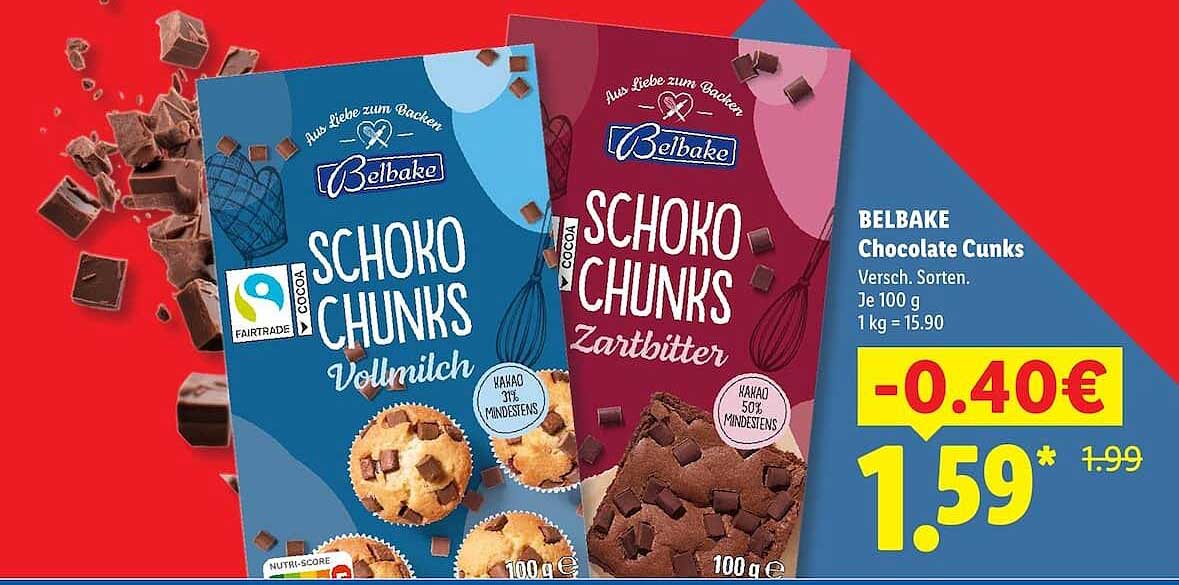 BELBAKE Chocolate Cunks Versch. Sorten. Je 100 g 1 kg = 15.90