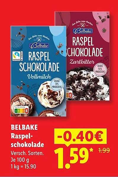 BELBAKE Raspel-schokolade Versch. Sorten. Je 100 g 1 kg = 15.90