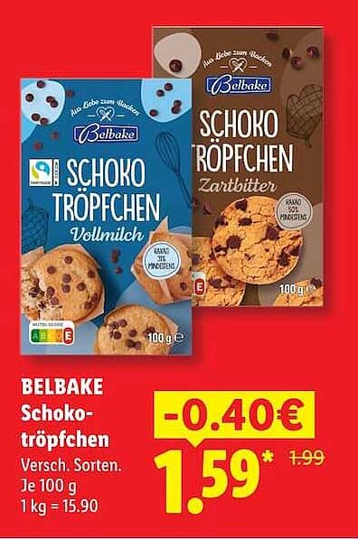 BELBAKE Schoko-tröpfchen Versch. Sorten. Je 100 g 1 kg = 15.90