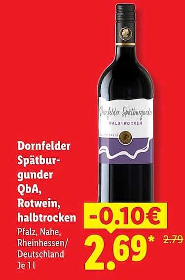 Dornfelder Spätburgunder QbA, Rotwein, halbtrocken Pfalz, Nahe, Rheinhessen/ Deutschland Je 1 l
