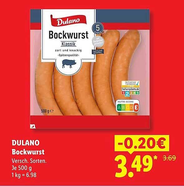 DULANO Bockwurst Versch. Sorten. Je 500 g 1 kg = 6.98
