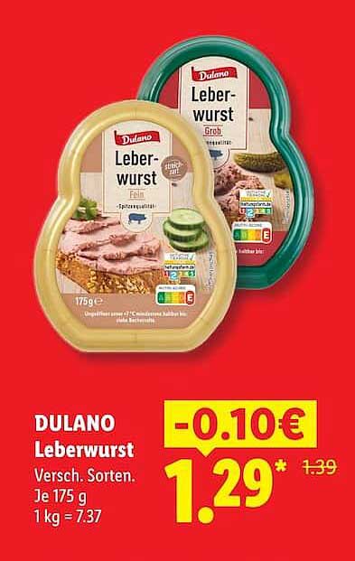DULANO Leberwurst Versch. Sorten. Je 175 g 1 kg = 7.37