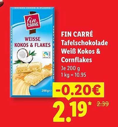 FIN CARRÉ Tafelschokolade Weiß Kokos & Cornflakes