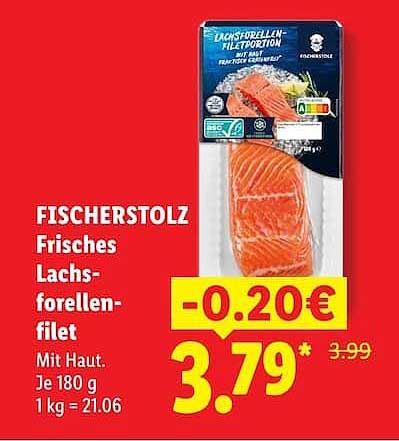 FISCHERSTOLZ Frisches Lachsforellenfilet Mit Haut. Je 180 g 1 kg = 21.06