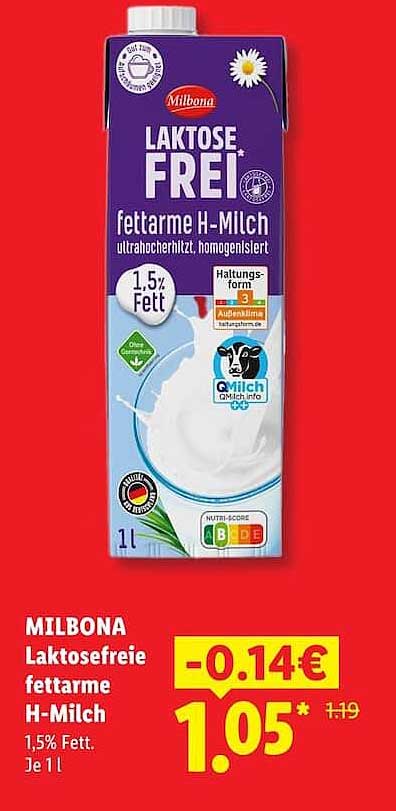 Laktosefreie fettarme H-Milch 1,5% Fett. Je 1 l