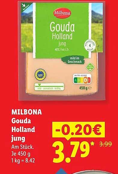 MILBONA Gouda Holland jung Am Stück. Je 450 g 1 kg = 8.42