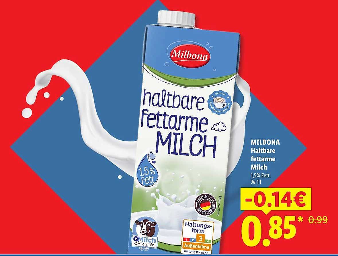 MILBONA Haltbare fettarme Milch 1,5% Fett, Je 1 l