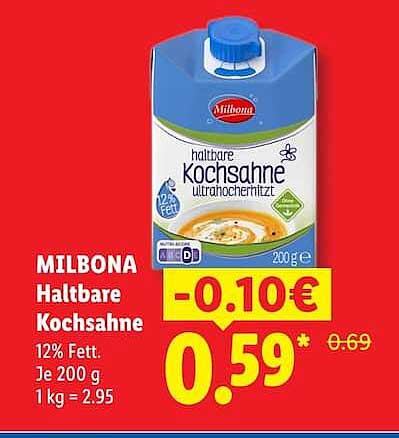 MILBONA Haltbare Kochsahne 12% Fett. Je 200 g 1 kg = 2.95
