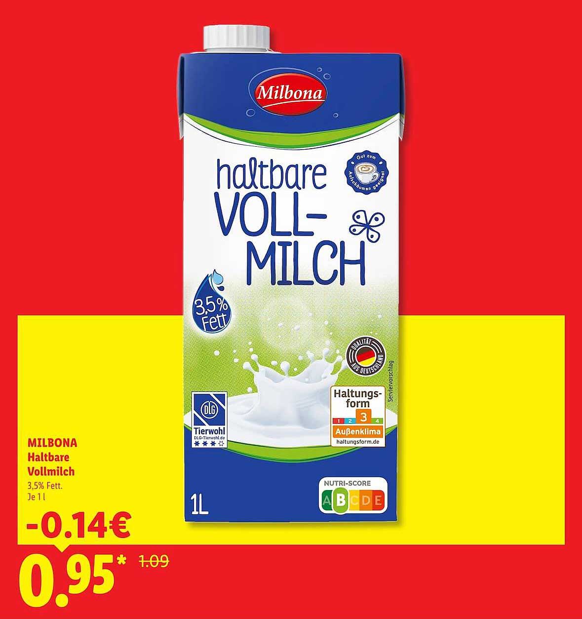 MILBONA Haltbare Vollmilch 3,5% Fett. Je 1 l