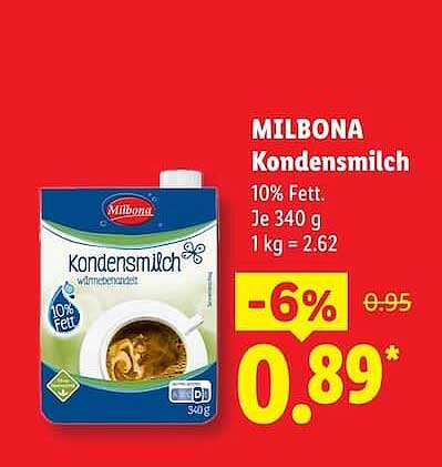 MILBONA Kondensmilch 10% Fett. Je 340 g 1 kg = 2.62