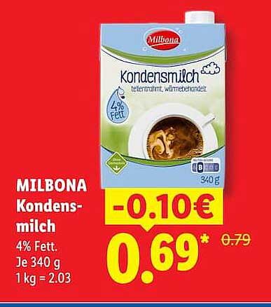 MILBONA Kondensmilch 4% Fett. Je 340 g 1 kg = 2.03