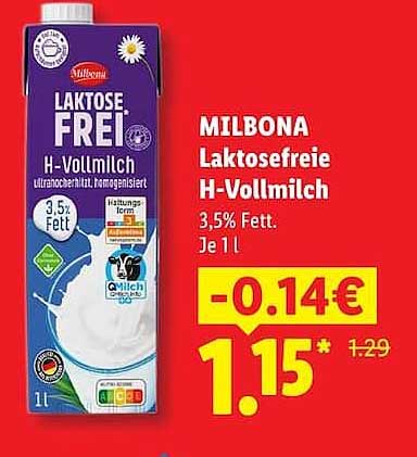 MILBONA Laktosefreie H-Vollmilch, 3,5% Fett, Je 1 l