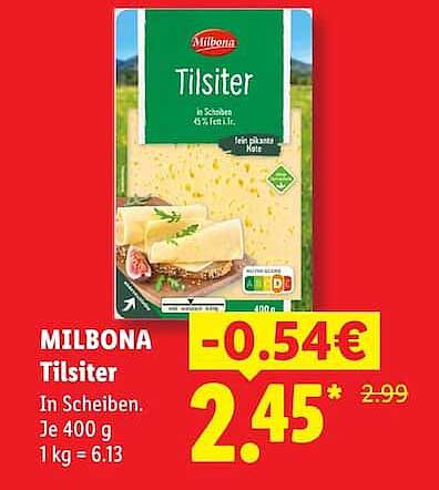 MILBONA Tilsiter In Scheiben. Je 400 g 1 kg = 6.13