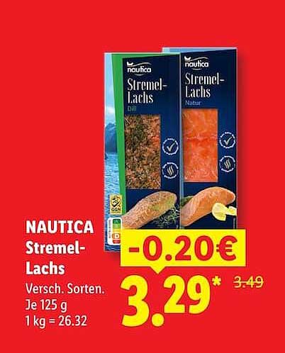 NAUTICA Stremel-Lachs Versch. Sorten. Je 125 g 1 kg = 26.32