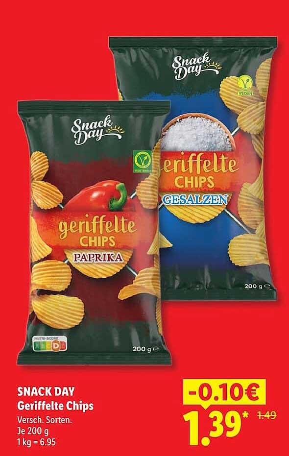 SNACK DAY Geriffelte Chips Versch. Sorten. Je 200 g 1 kg = 6.95