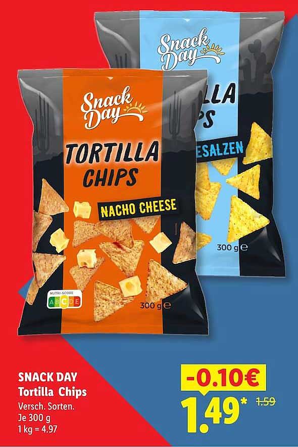 SNACK DAY Tortilla Chips Versch. Sorten. Je 300 g 1 kg = 4,97