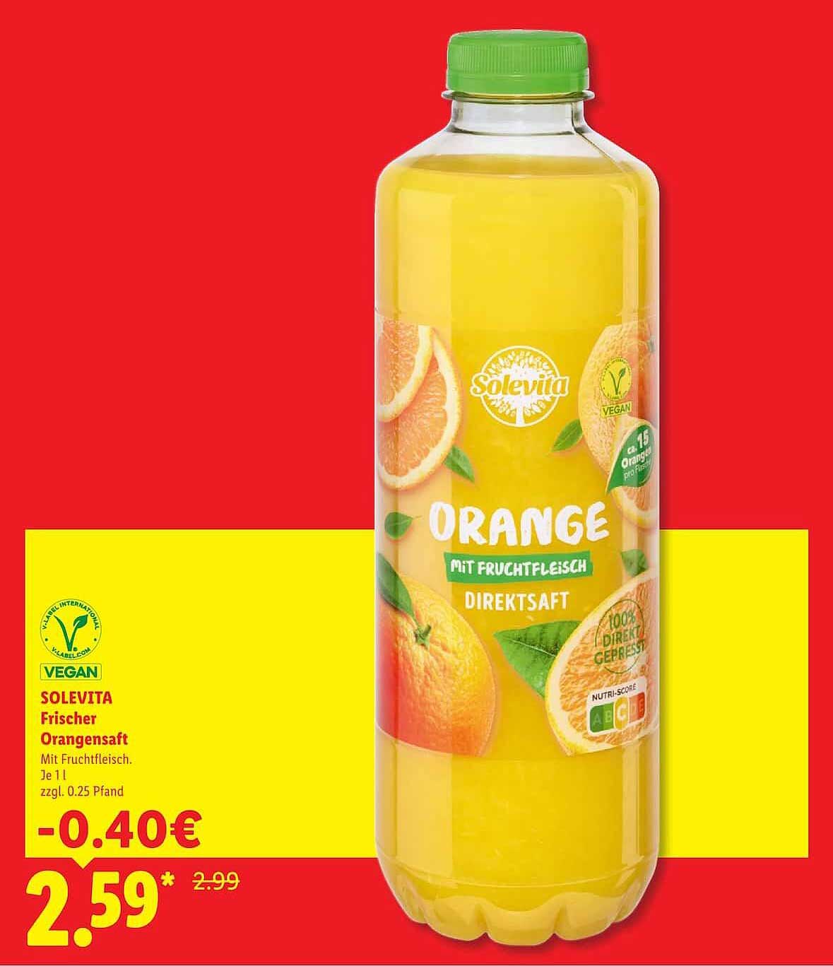 SOLEVITA Frischer Orangensaft Mit Fruchtfleisch. Je 1 l zzgl. 0,25 Pfand