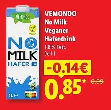 VEMondo No Milk Veganer Haferdrink 1,8 % Fett, je 1 l