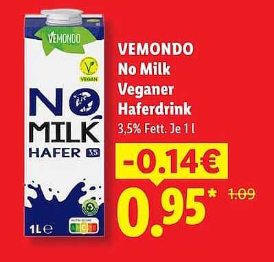 VEMONDO No Milk Veganer Haferdrink 3,5% Fett. Je 1 l