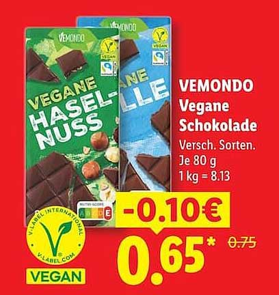 VEMONDO Vegane Schokolade Versch. Sorten. Je 80 g 1 kg = 8.13