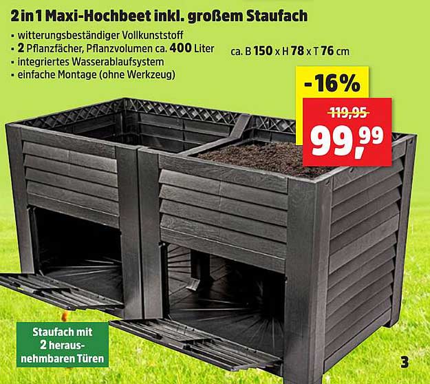 2 in 1 Maxi-Hochbeet inkl. großem Staufach