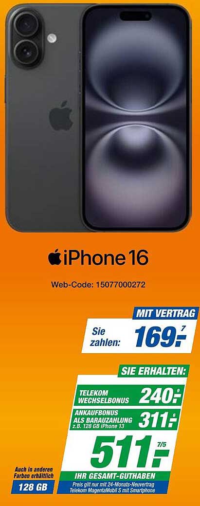 Apple iPhone 16 mit Vertrag für nur 169,- Euro