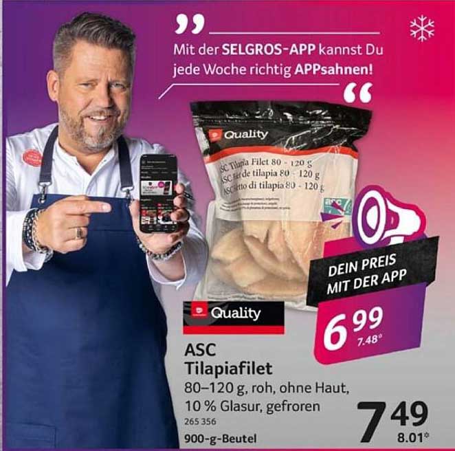 ASC Tilapiafilet 80–120 g, roh, ohne Haut, 10 % Glasur, gefroren