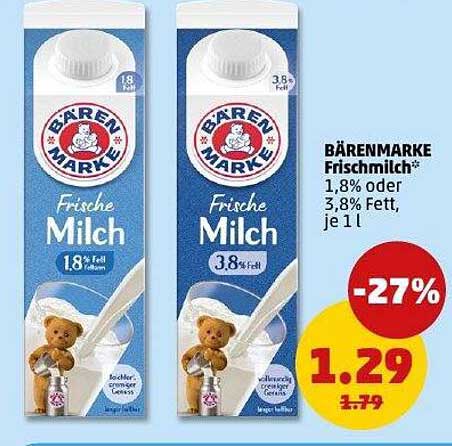 BÄRENMARKE Frischmilch 1,8% oder 3,8% Fett, je 1 l