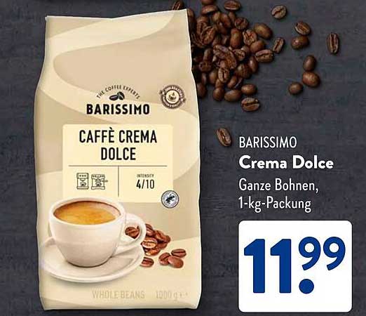 BARISSIMO Crema Dolce, Ganze Bohnen, 1-kg-Packung