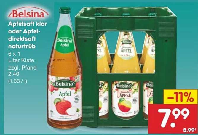 Belsina Apfelsaft klar oder Apfel-Direkt-Saft naturtrüb 6 x 1 Liter Kiste