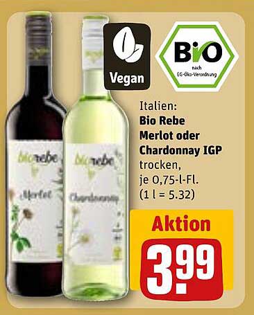 Bio Rebe Merlot oder Chardonnay IGP trocken, je 0,75 l Fl.
