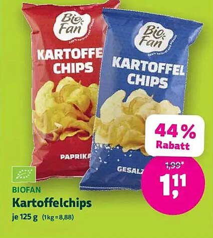 BIOFAN Kartoffelchips je 125 g (1kg = 8,88)