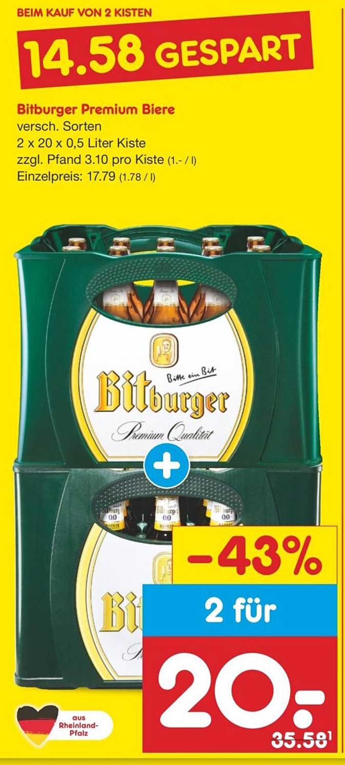 Bitburger Premium Biere 2 x 20 x 0,5 Liter Kiste