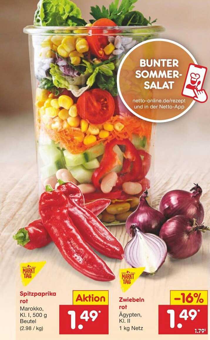 Bunter Sommerteller: Spitzpaprika rot und Zwiebeln rot im Angebot