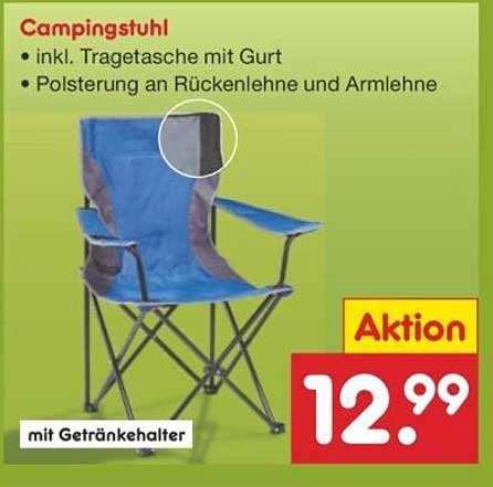 Campingstuhl inkl. Tragetasche mit Gurt und Polsterung an Rückenlehne und Armlehne