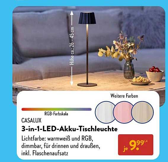 CASALUX 3-in-1-LED-Akk Tischleuchte