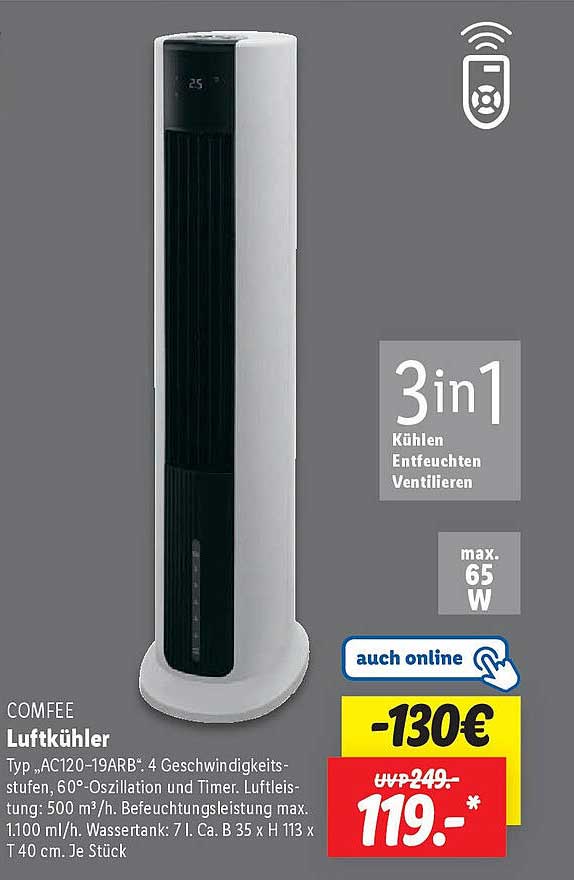 COMFEE Luftkühler 3in1 mit 4 Geschwindigkeitsstufen und Timer