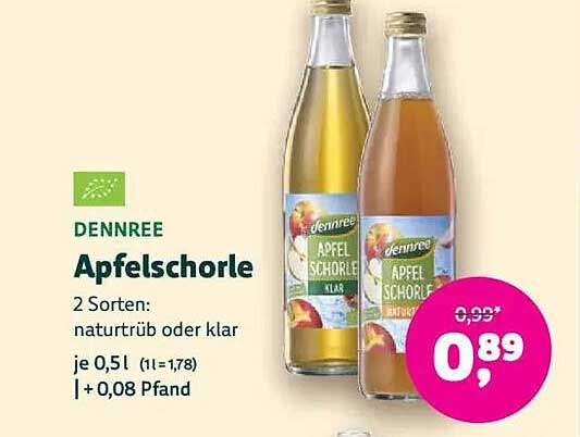 DENNREE Apfelschorle 2 Sorten: naturtrüb oder klar je 0,51l