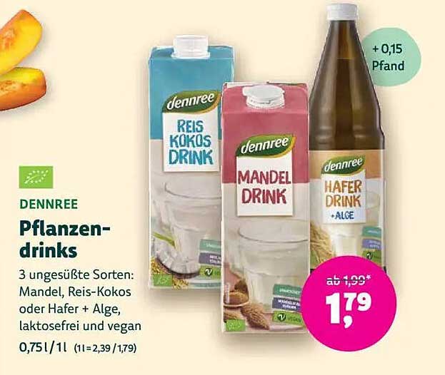 DENNREE Pflanzendrinks 0,75 l - Ungesüßte Sorten: Mandel, Reis-Kokos oder Hafer + Alge