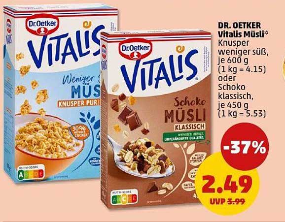 DR. OETKER Vitalis Müsli – Knusper weniger süß oder Schoko klassisch